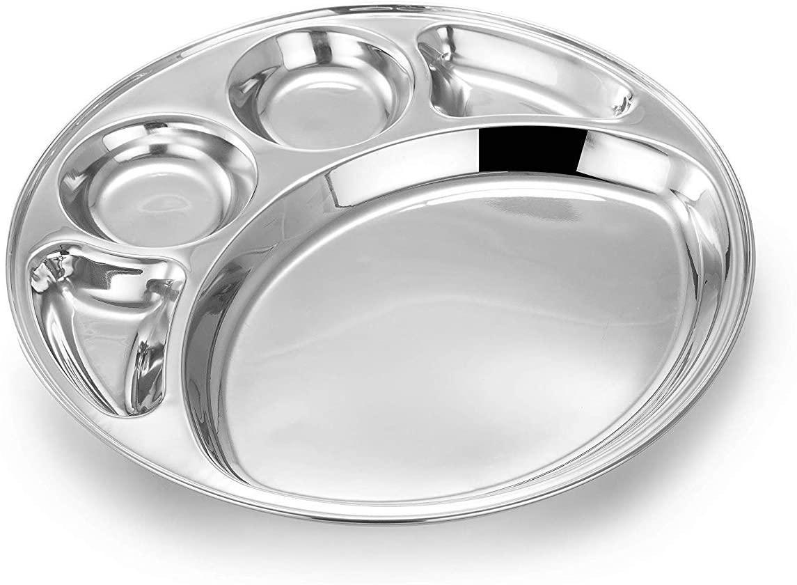 Stainless Steel Round Divided Dinner Plate 5 Sections,Steel Five Compartment Round Thali - www.indiancart.com.au - Plates - - Indian Cart