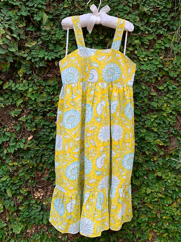 YELLOW FLORAL PRINTED DRESS - www.indiancart.com.au - Girls Dress - 9-10 YRS - www.indiancart.com.au