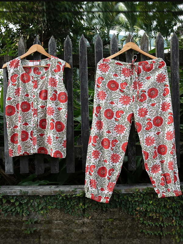 RED PRINT COOL BLOCK PRINT LADIES PYJAMA SETS - www.indiancart.com.au - Nightgowns - - www.indiancart.com.au