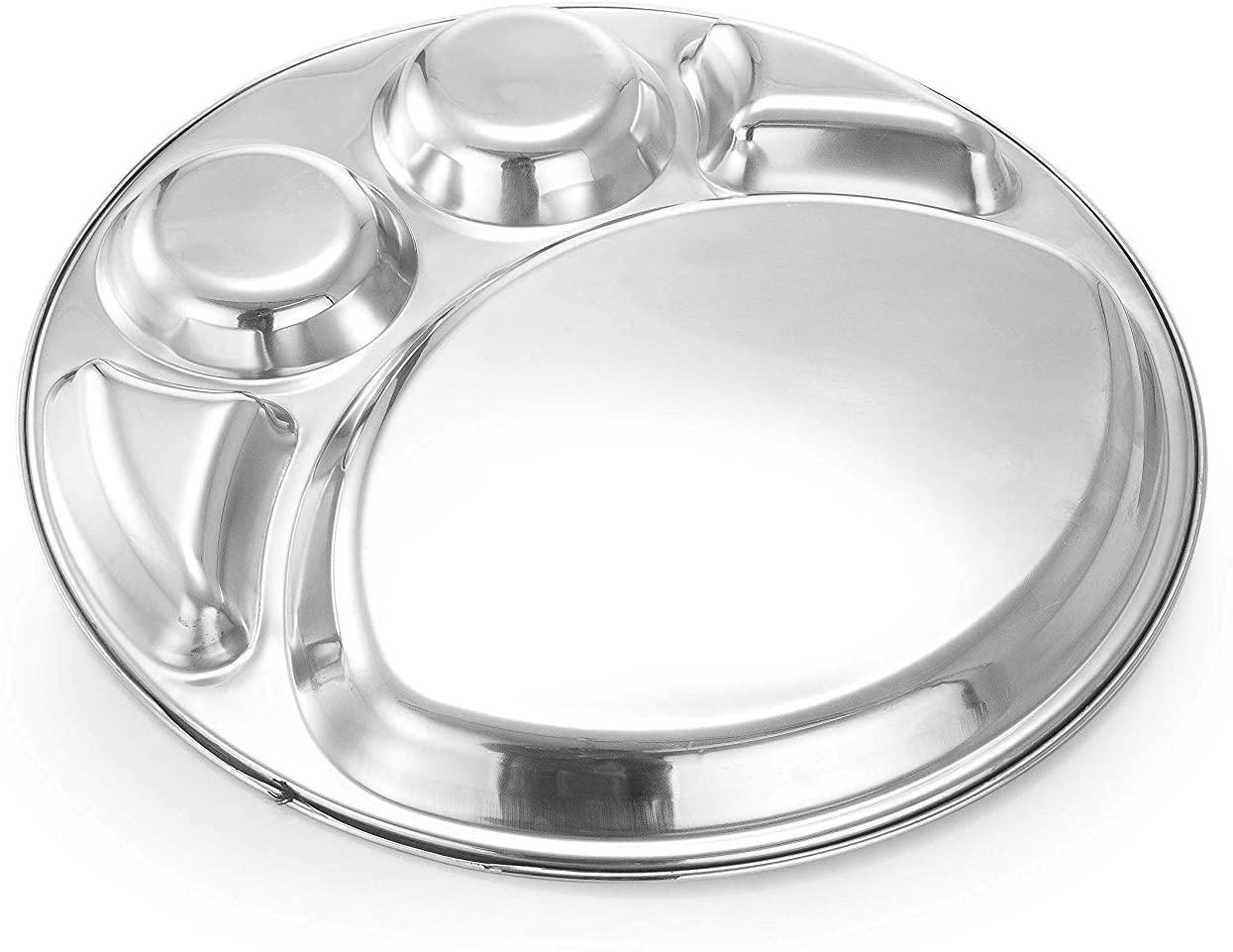 Stainless Steel Round Divided Dinner Plate 5 Sections,Steel Five Compartment Round Thali - www.indiancart.com.au - Plates - - Indian Cart