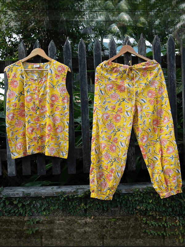 YELLOW PRINT COOL BLOCK PRINT LADIES PYJAMA SETS - www.indiancart.com.au - Nightgowns - - www.indiancart.com.au